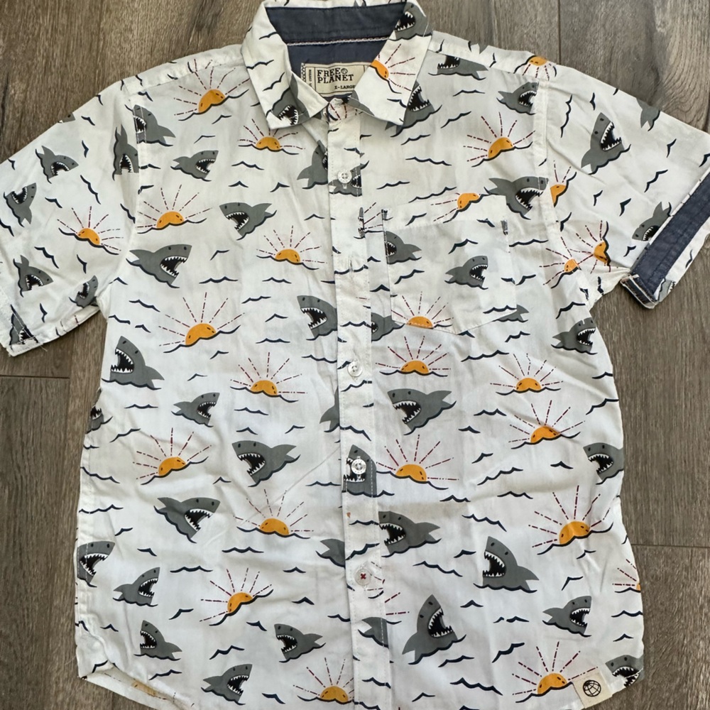 Free Planet Blue and White Shirt with Shark Design